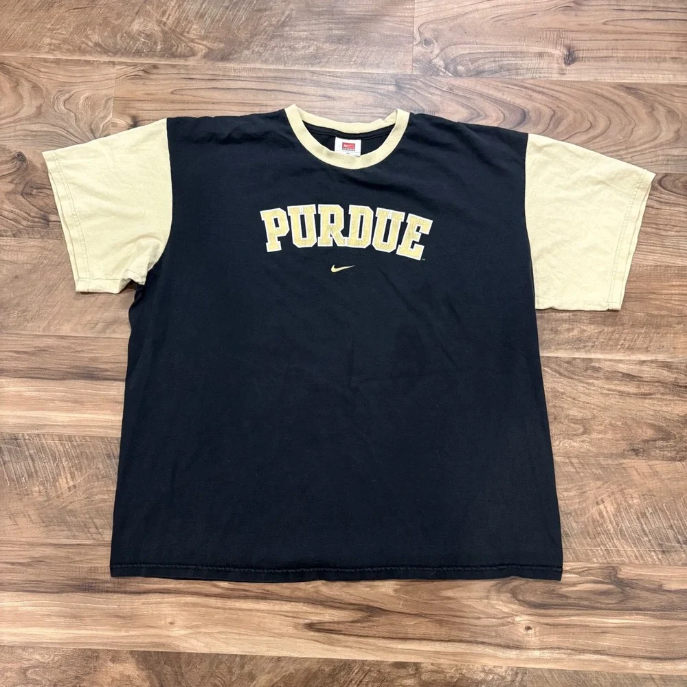 Vintage Y2K Nike Team Purdue T-shirt Mens XL Black Gold Ringer Graphic Tee 2000s